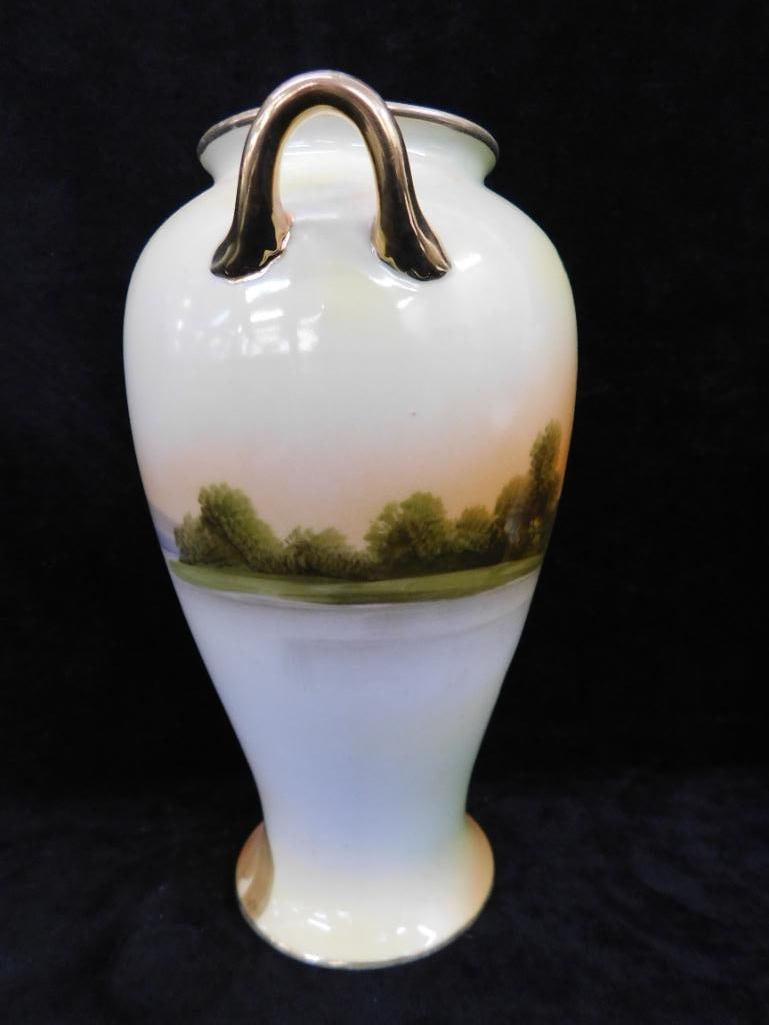 Pair of Vintage Hand Painted Nippon Porcelain Double Handled Vases - Each 8.5" x 5.25" - 3