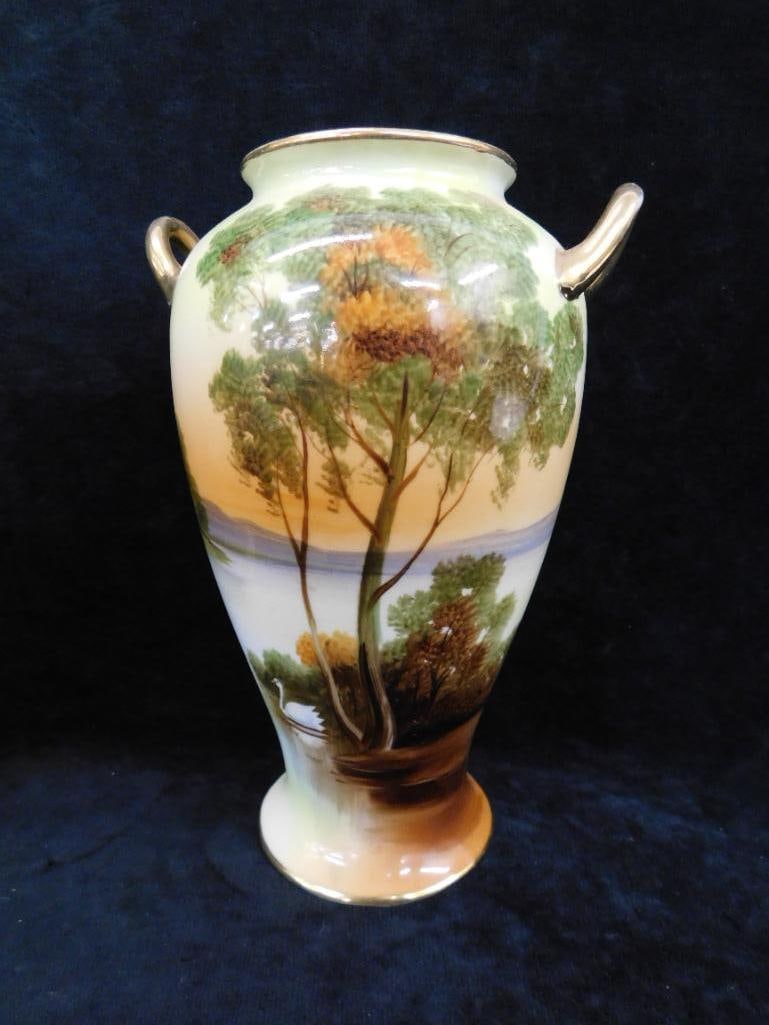 Pair of Vintage Hand Painted Nippon Porcelain Double Handled Vases - Each 8.5" x 5.25" - 7