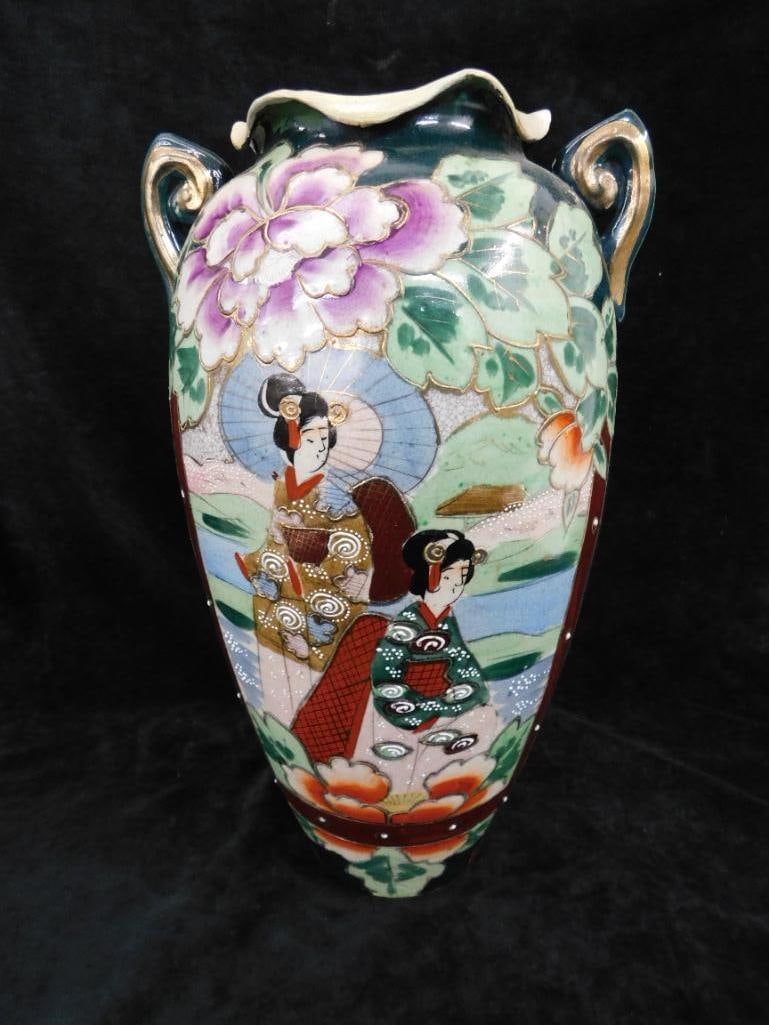 Large Vintage Hand Painted Nippon Porcelain Double Handled Vase - 16" x 9" - 13