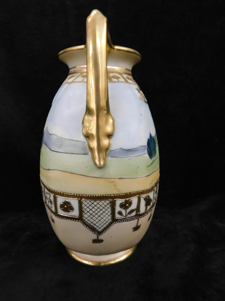 Vintage Hand Painted Nippon Porcelain Double Handled Vase - 7.5" x 6" x 4" - 2