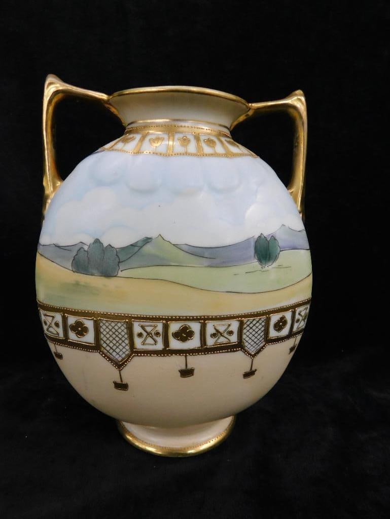 Vintage Hand Painted Nippon Porcelain Double Handled Vase - 7.5" x 6" x 4" - 3