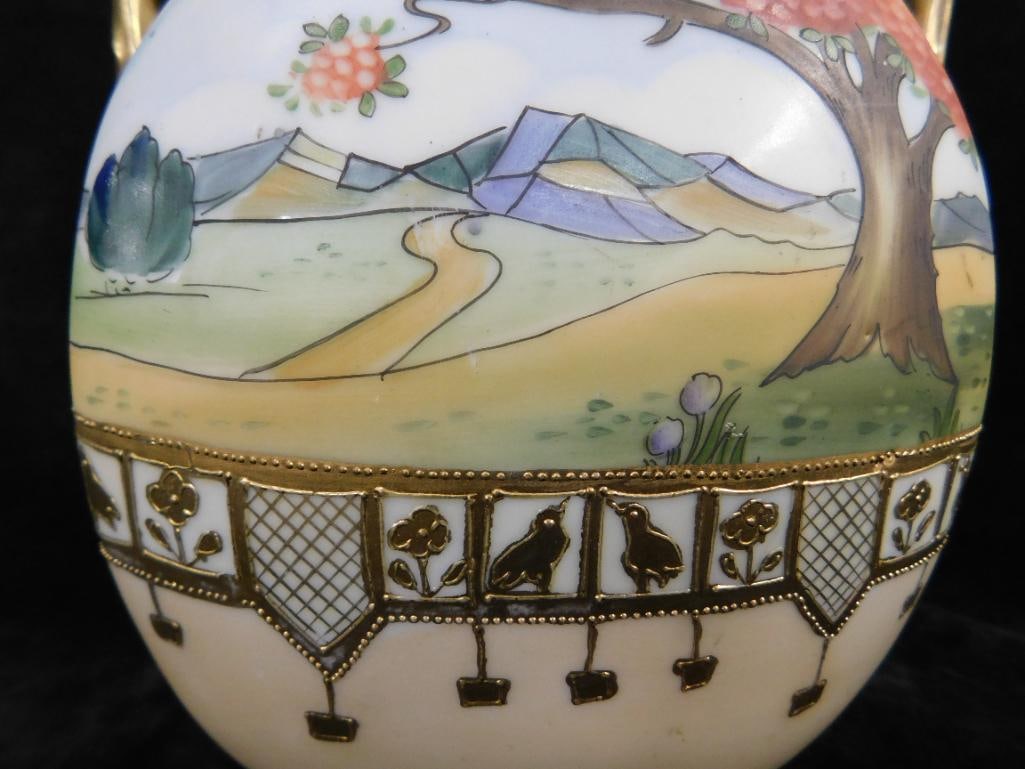 Vintage Hand Painted Nippon Porcelain Double Handled Vase - 7.5" x 6" x 4" - 7