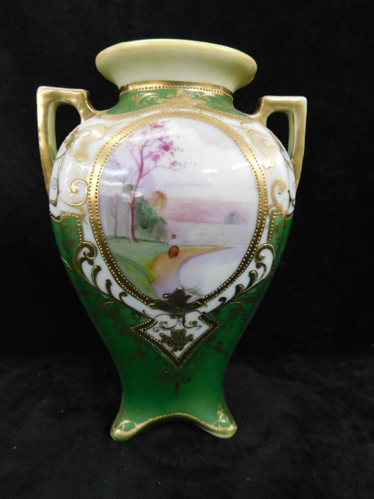 Vintage Hand Painted Nippon Porcelain Double Handled Vase - 7.5" x 5"x 4" - 3