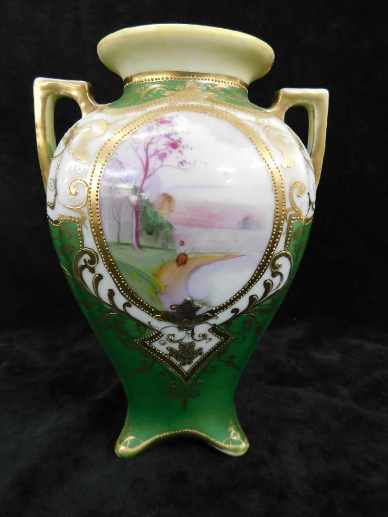Vintage Hand Painted Nippon Porcelain Double Handled Vase - 7.5" x 5"x 4" - 8