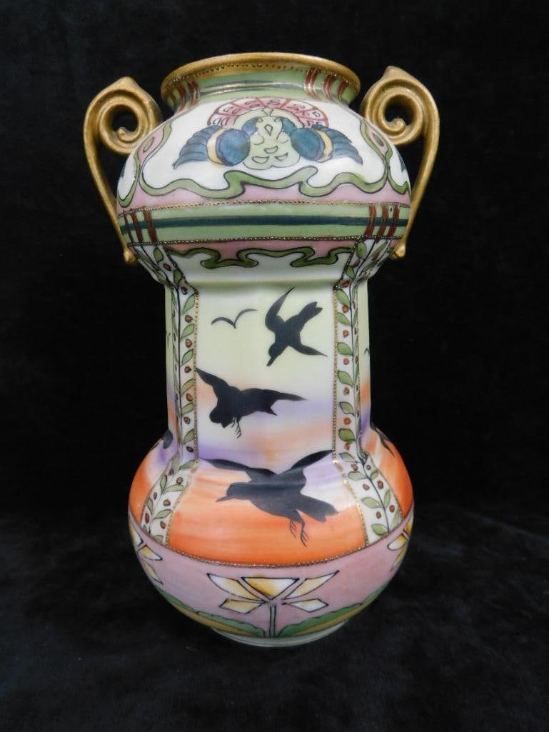 Vintage Hand Painted Nippon Porcelain Double Handled Vase - 8.5" x 5.5" - 10