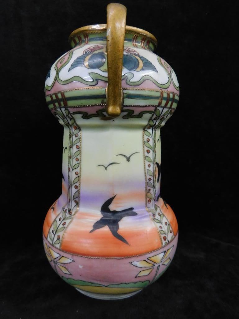 Vintage Hand Painted Nippon Porcelain Double Handled Vase - 8.5" x 5.5" - 2