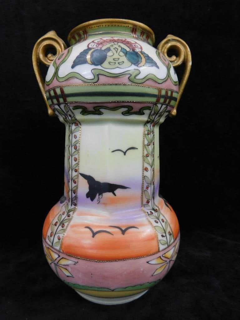 Vintage Hand Painted Nippon Porcelain Double Handled Vase - 8.5" x 5.5" - 3