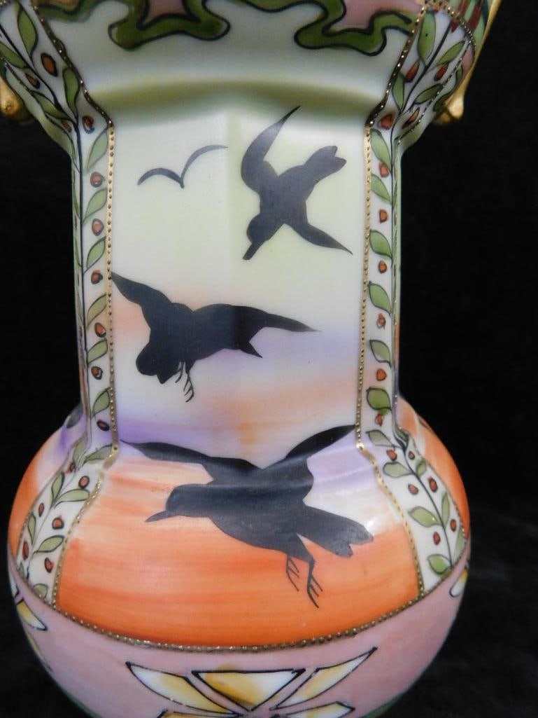 Vintage Hand Painted Nippon Porcelain Double Handled Vase - 8.5" x 5.5" - 7