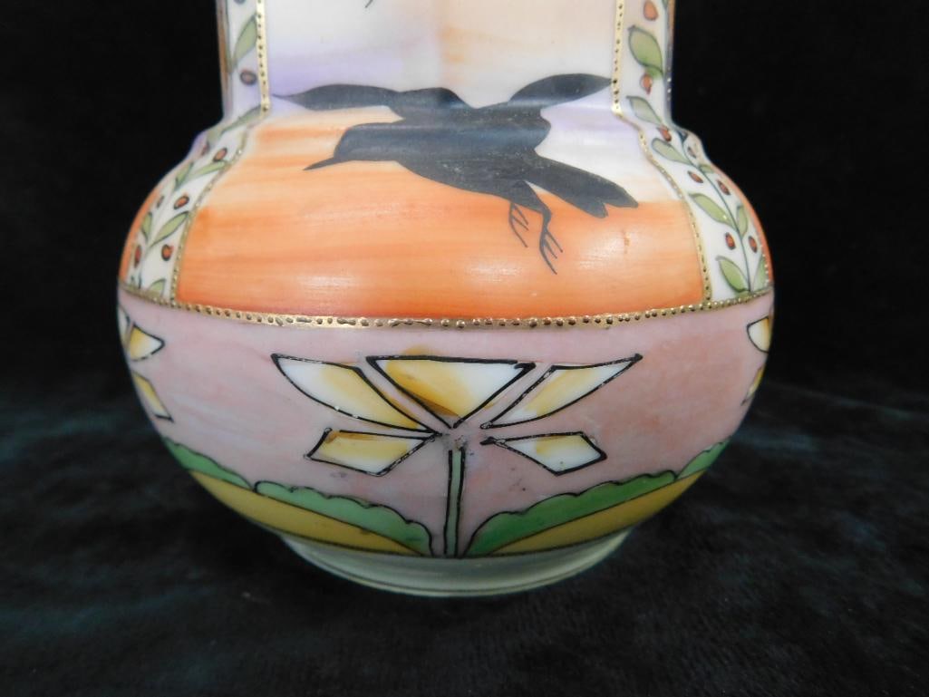 Vintage Hand Painted Nippon Porcelain Double Handled Vase - 8.5" x 5.5" - 8
