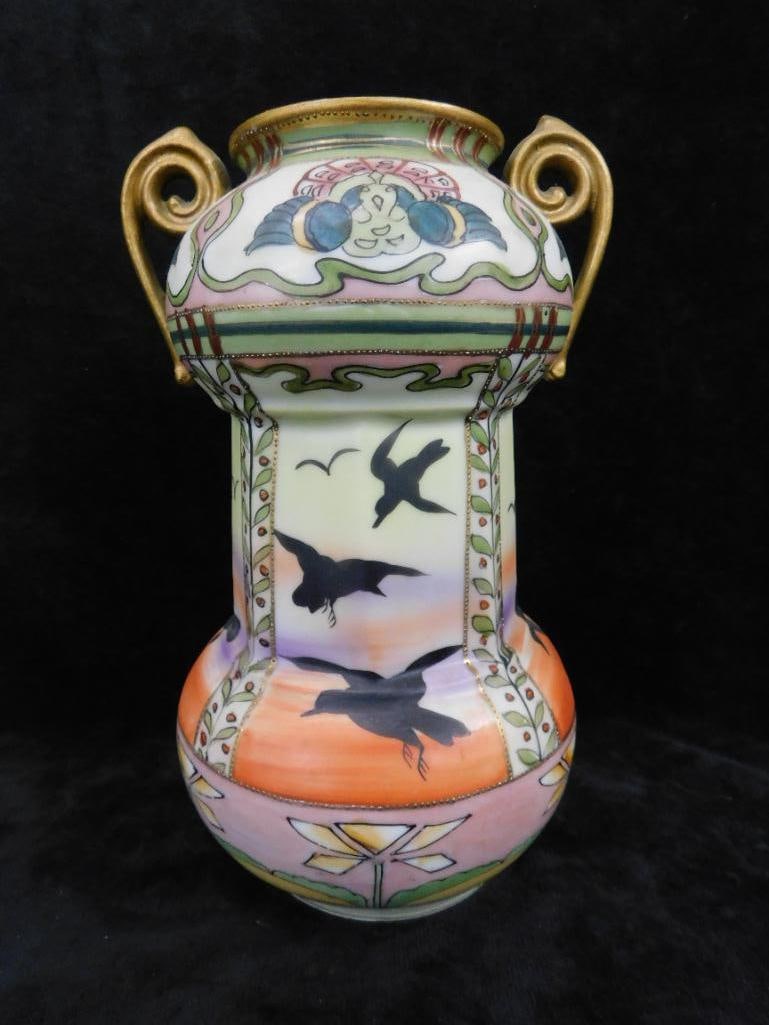 Vintage Hand Painted Nippon Porcelain Double Handled Vase - 8.5" x 5.5" - 9
