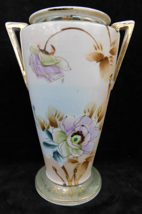Vintage Hand Painted Nippon Porcelain Double Handled Vase - 7.5" x 5.5"x 4": See Photos For Details and Condition
