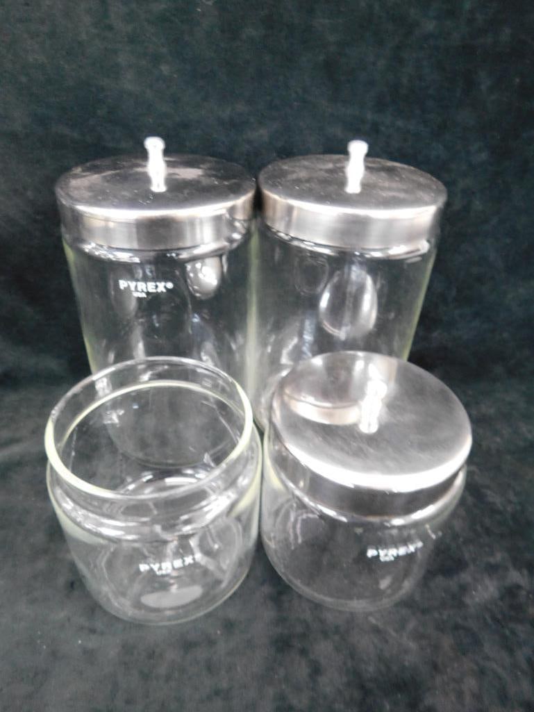 Group of 4 Counter Top Pyrex Doctors Office Apothecary Jars - 2-7.25" - 2-4.25" - 8