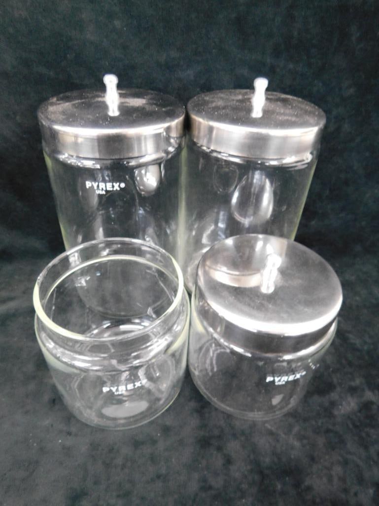 Group of 4 Counter Top Pyrex Doctors Office Apothecary Jars - 2-7.25" - 2-4.25" - 9