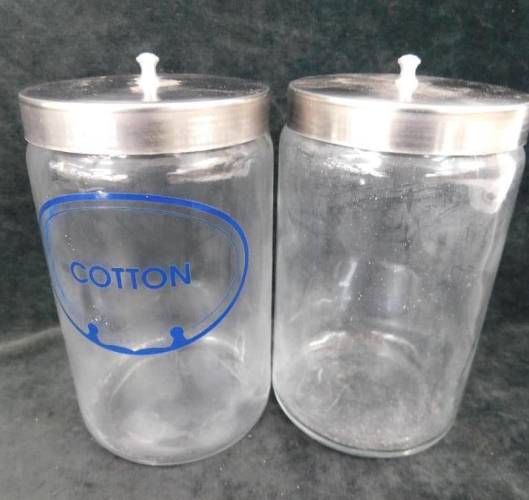 Group of 2 Counter Top Pyrex Doctors Office Apothecary Jars - Each 8" x 4.25": 1 Printed with "Cotton" - see Photos For Details and Condition