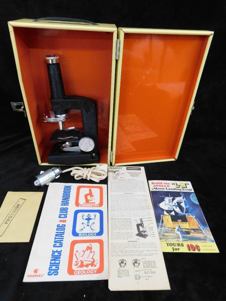 Vintage Gilbert Micocraft Microscope in Metal Case - 12" x 7" x 4": See Photos For Details and Condition 