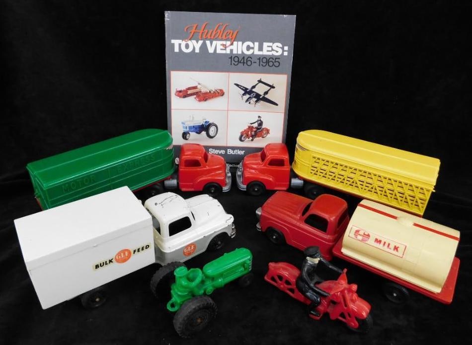 Box Lot with Vintage Hubley Plastic Trucks and More - Book - 2 Semis - Milk Truck (1 of 10)