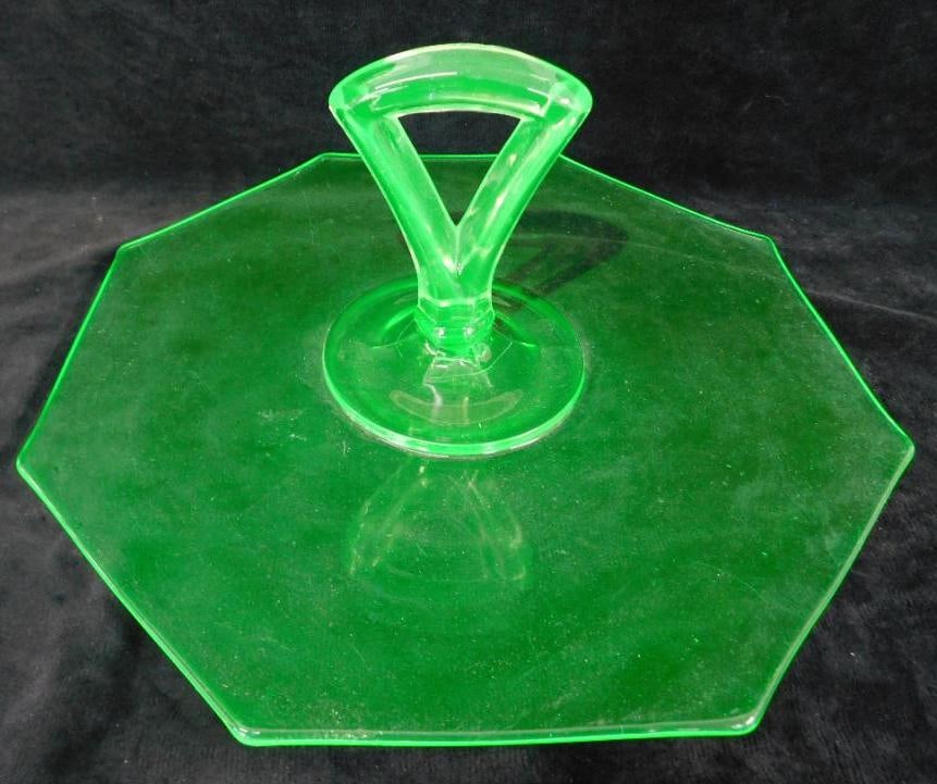 Vaseline / Uranium Glass Handled Serving Tray - 4.5" x 10.5" x 10.5": See Photos For Details and Condition 