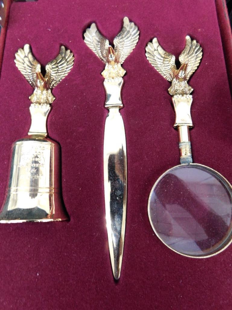 Brass Eagle Figure - 10" x 10" x 5.5" - Brass Eagle Desk Set in Box - 7