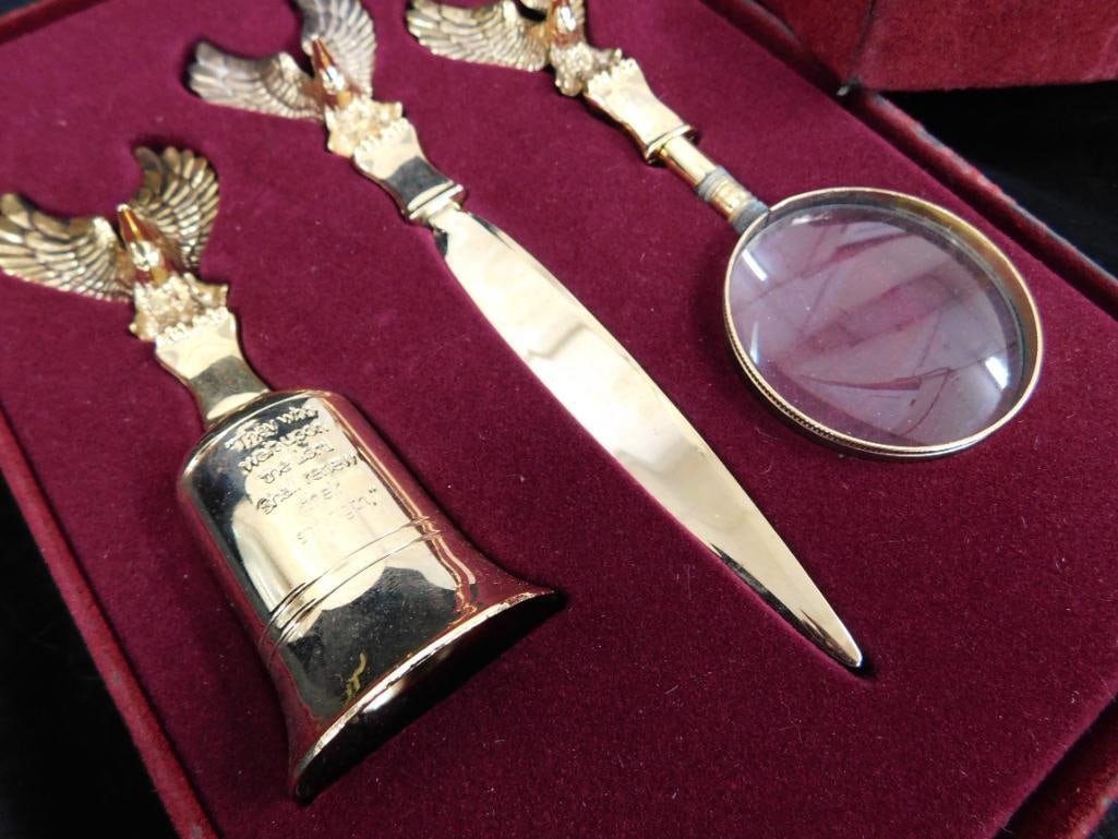 Brass Eagle Figure - 10" x 10" x 5.5" - Brass Eagle Desk Set in Box - 9