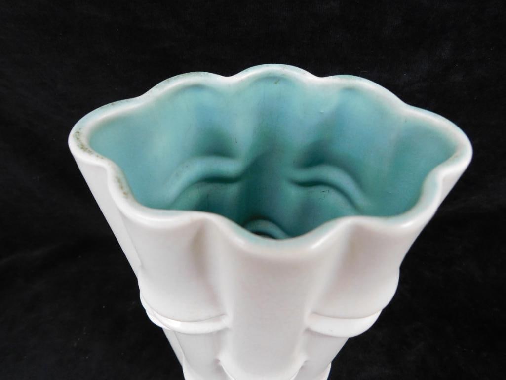 Pair of White Glaze Red Wing Pottery Vases - 7.75" x 4.25" x 3" - 5" x 6" x 2.5" - 3