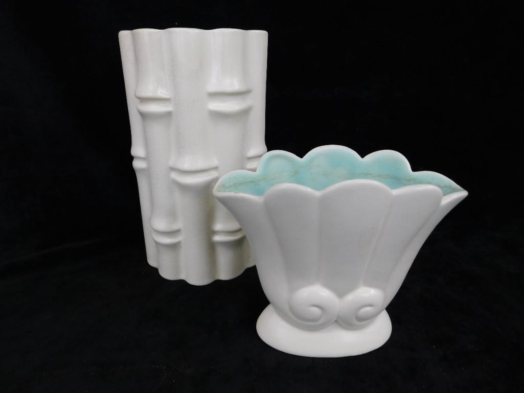 Pair of White Glaze Red Wing Pottery Vases - 7.75" x 4.25" x 3" - 5" x 6" x 2.5" - 9