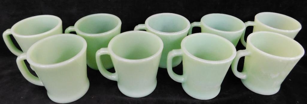 Box Lot with 9 Jadeite Coffee Mugs - 4 Are Good - 5 Have Been Ran Thru Dishwasher: See Photos For Details and Condition 