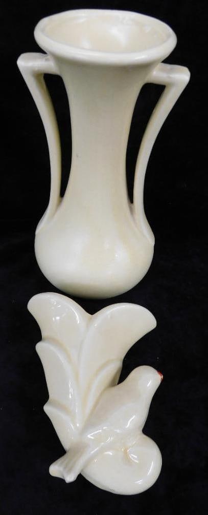 Yellow Glaze Handled USA Vase 9.25" x 5" - Yellow Glazed Wall Pocket 6" x 5": See Photos For Details and Condition 