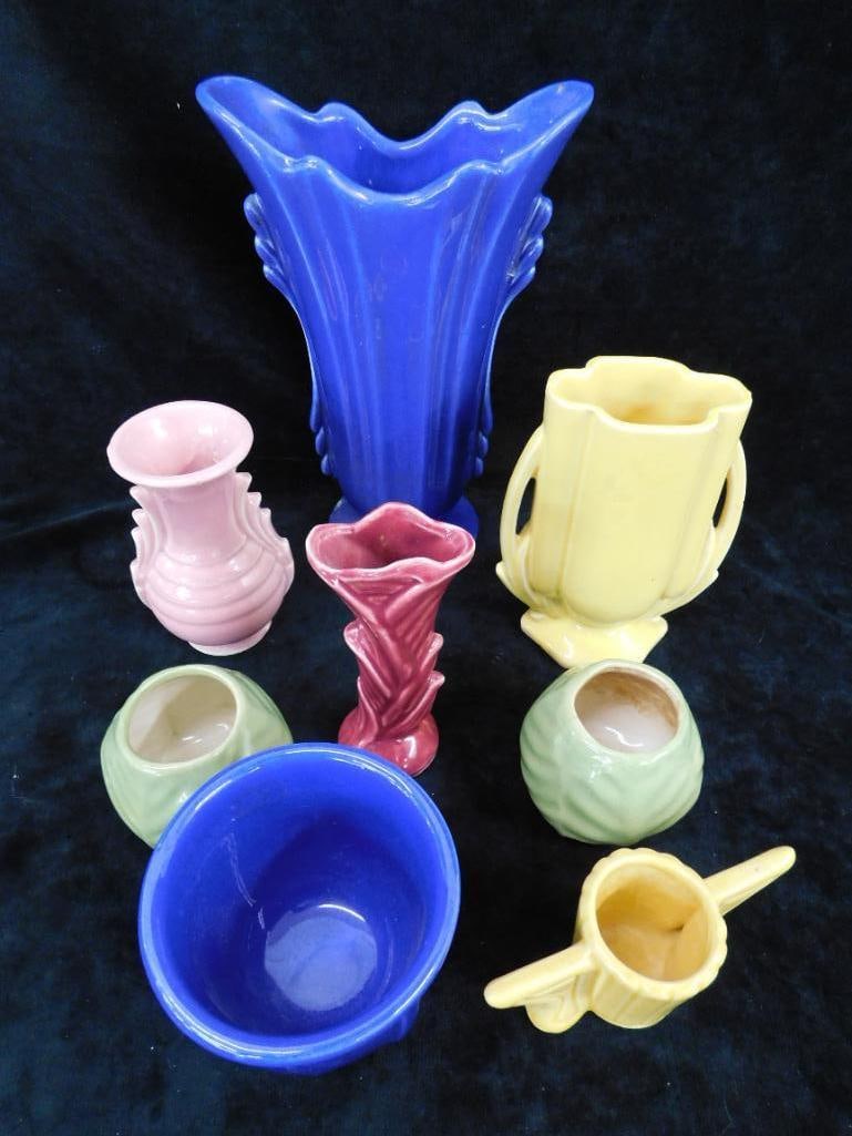 Box Lot with 8 USA Made Glazed Pottery - Ranging From 2" To 9" Tall - 18