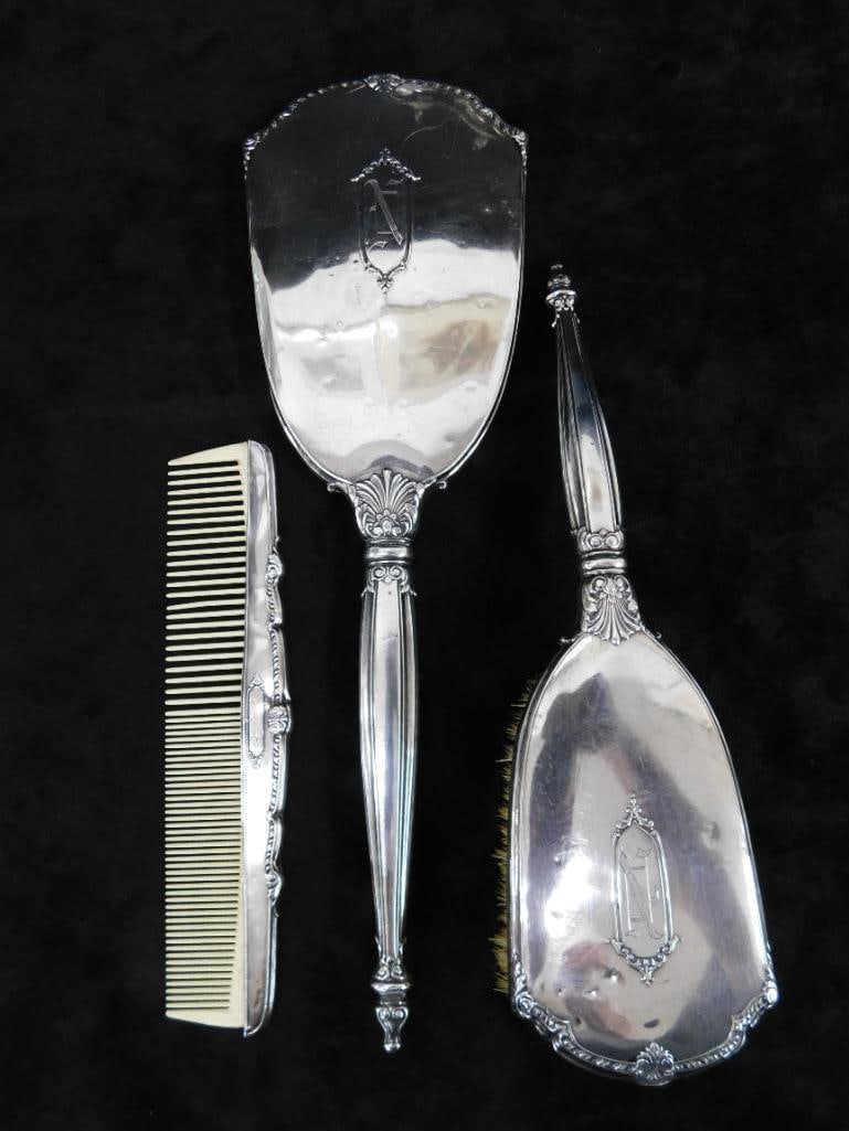 Sterling Silver - Vintage 3 Piece Vanity Set - Brush - Mirror - Comb - Monogrammed - 10