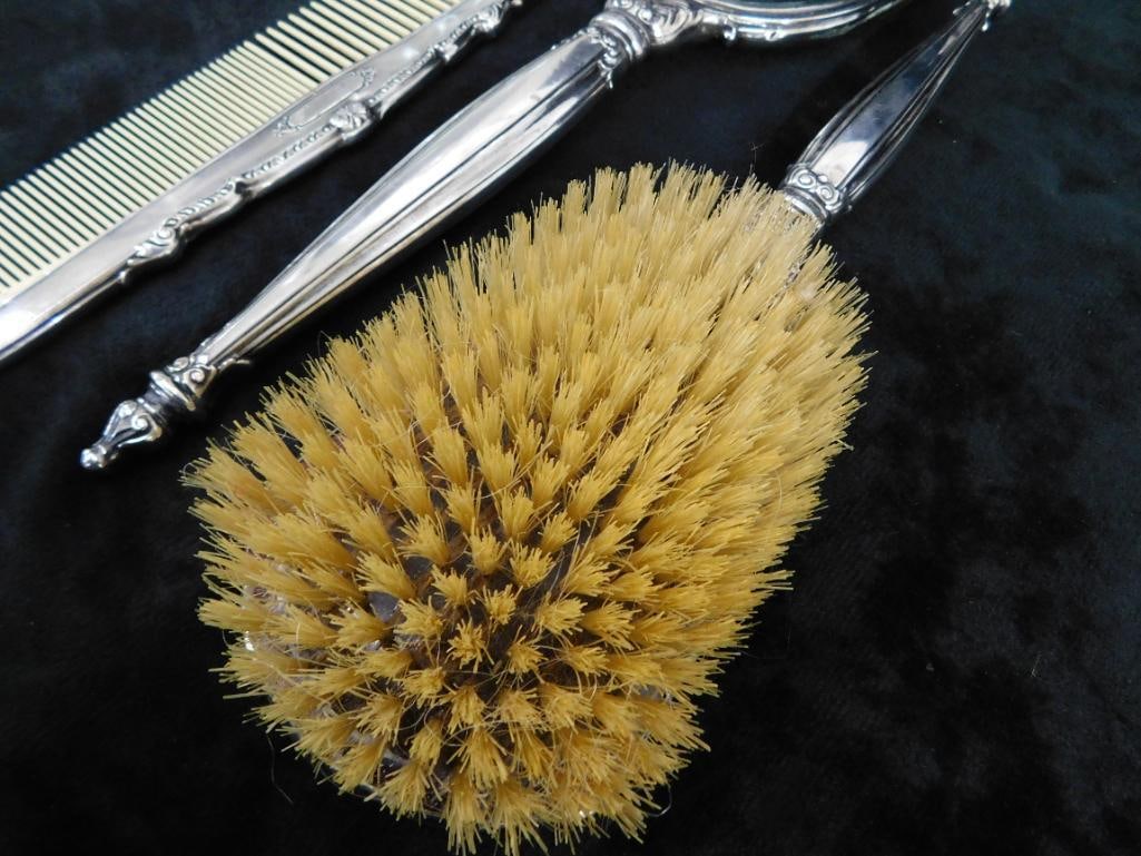 Sterling Silver - Vintage 3 Piece Vanity Set - Brush - Mirror - Comb - Monogrammed - 6
