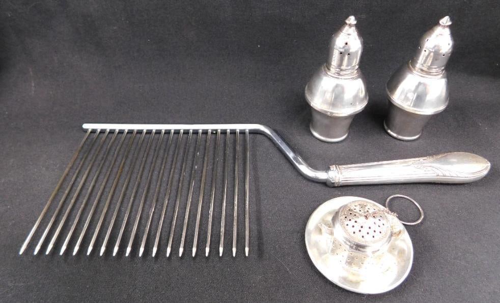 Sterling Silver - Tea Infuser with Plate 28.6 Grams - Weighted Cake Cutter: Weighted Salt and Pepper Shakers - See Photos For Details and Condition 