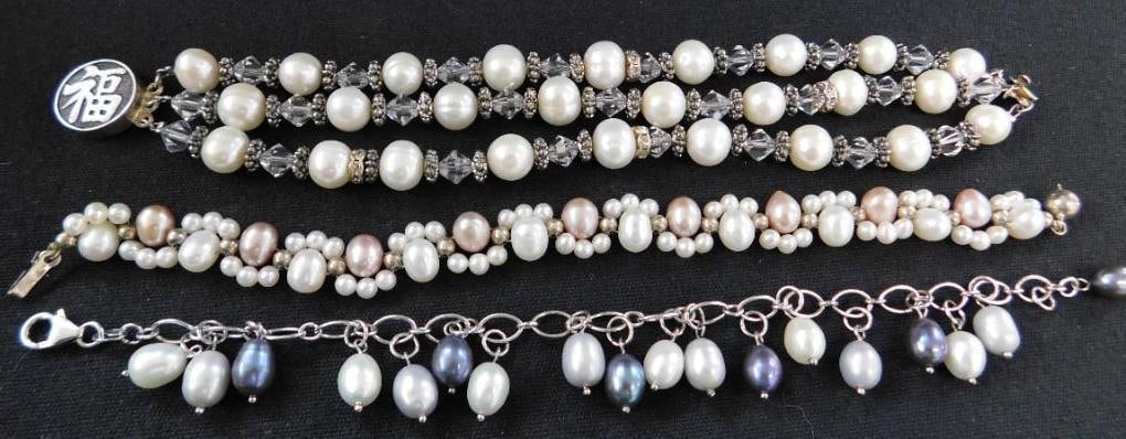 Sterling Silver - 3 Pearl Bracelets - 70.8 Grams TW: See Photos For Details and Condition 