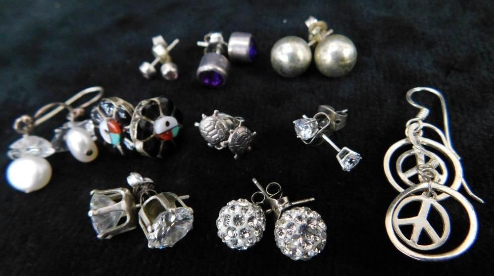 Sterling Silver - 10 Pairs of Earrings - 14.58 Grams TW: See Photos For Details and Condition