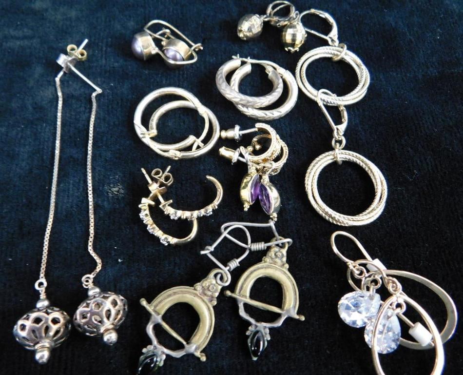 Sterling Silver - 10 Pairs of Earrings - 29.67 Grams TW: See Photos For Details and Condition
