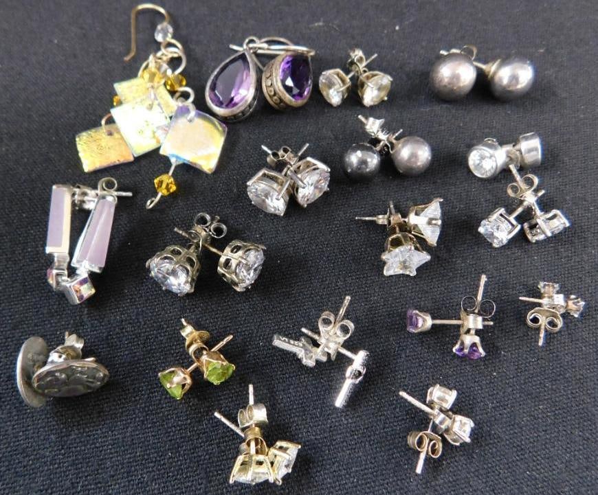 Sterling Silver - 18 Pairs of Earrings - 33.3 Grams TW: See Photos For Details and Condition