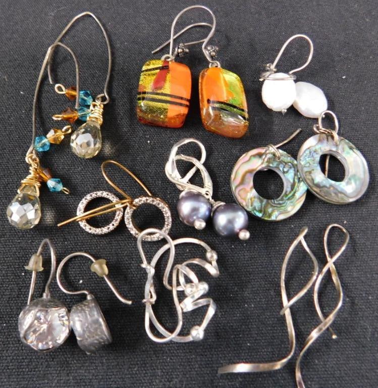 Sterling Silver - 9 Pairs of Earrings - 33.54 Grams TW: See Photos For Details and Condition