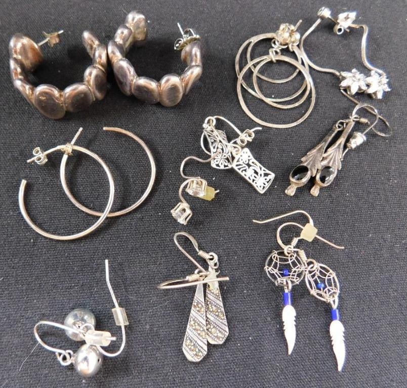 Sterling Silver - 10 Pairs of Earrings - 30.3 Grams TW: See Photos For Details and Condition