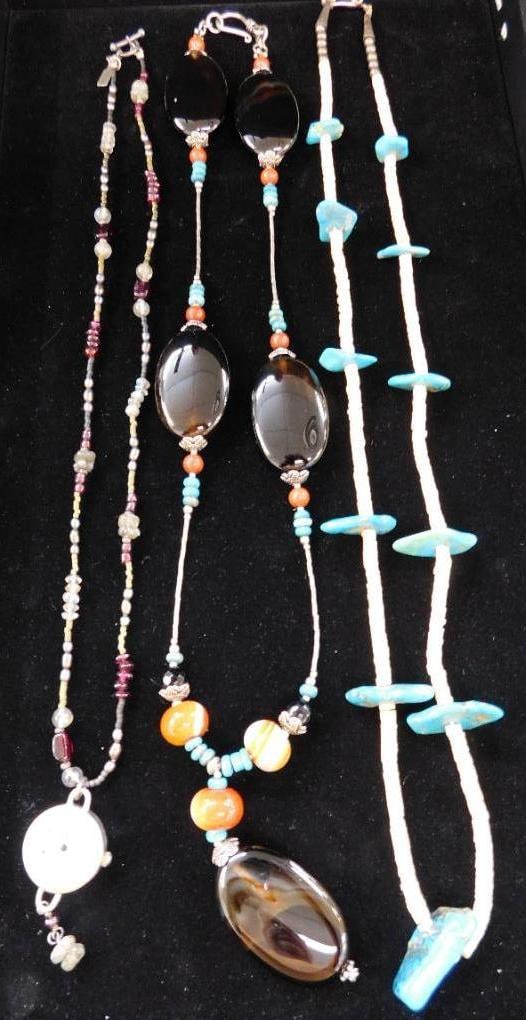 Sterling Silver - 3 Semi Precious Stone Necklaces - 162.86 Grams TW: See Photos For Details and Condition