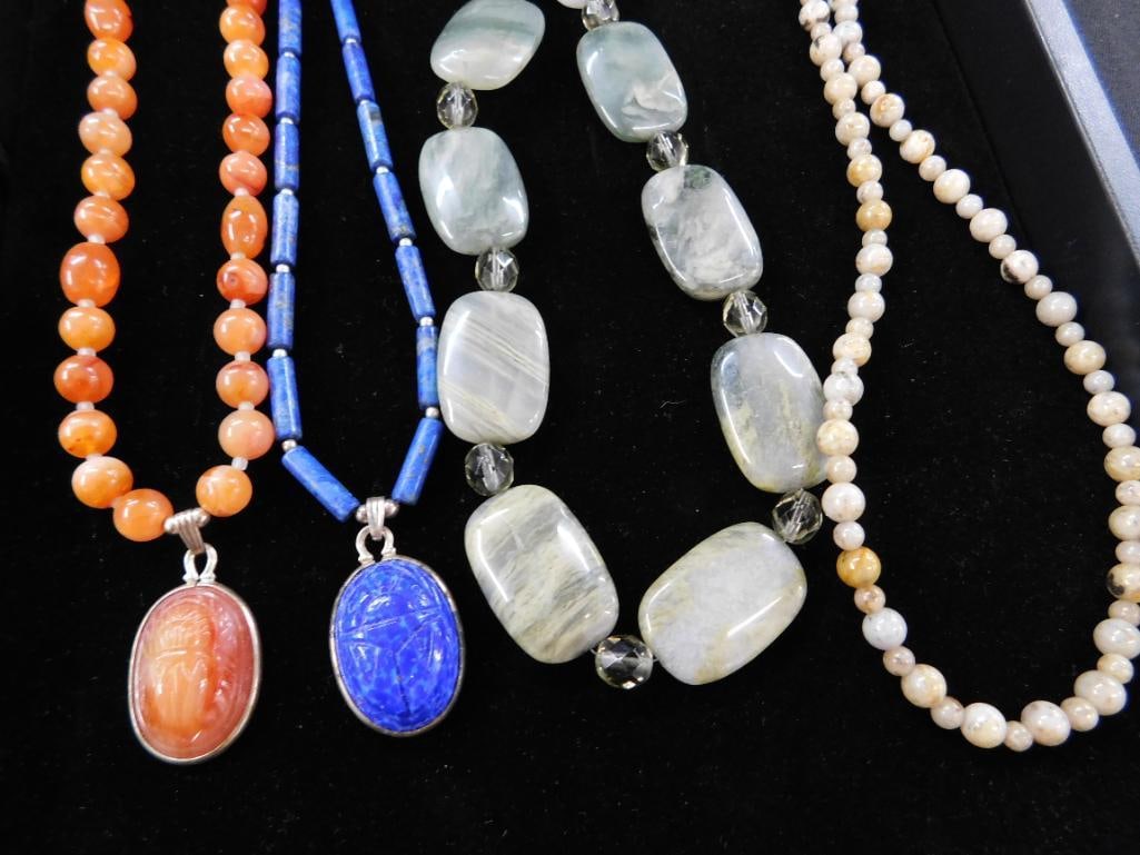 Sterling Silver - 4 Semi Precious Stone Necklaces - 167.69 Grams TW: See Photos For Details and Condition