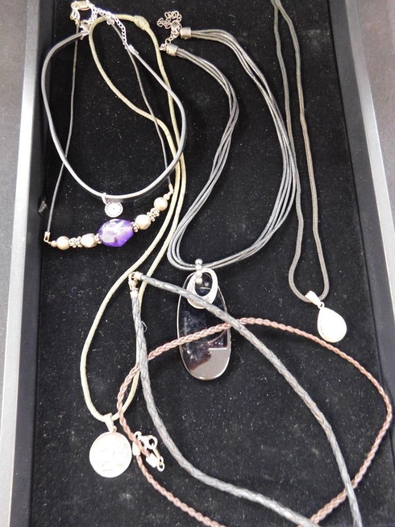 Sterling Silver - 7 Leather Chain Necklaces - 64.39 Grams TW: See Photos For Details and Condition