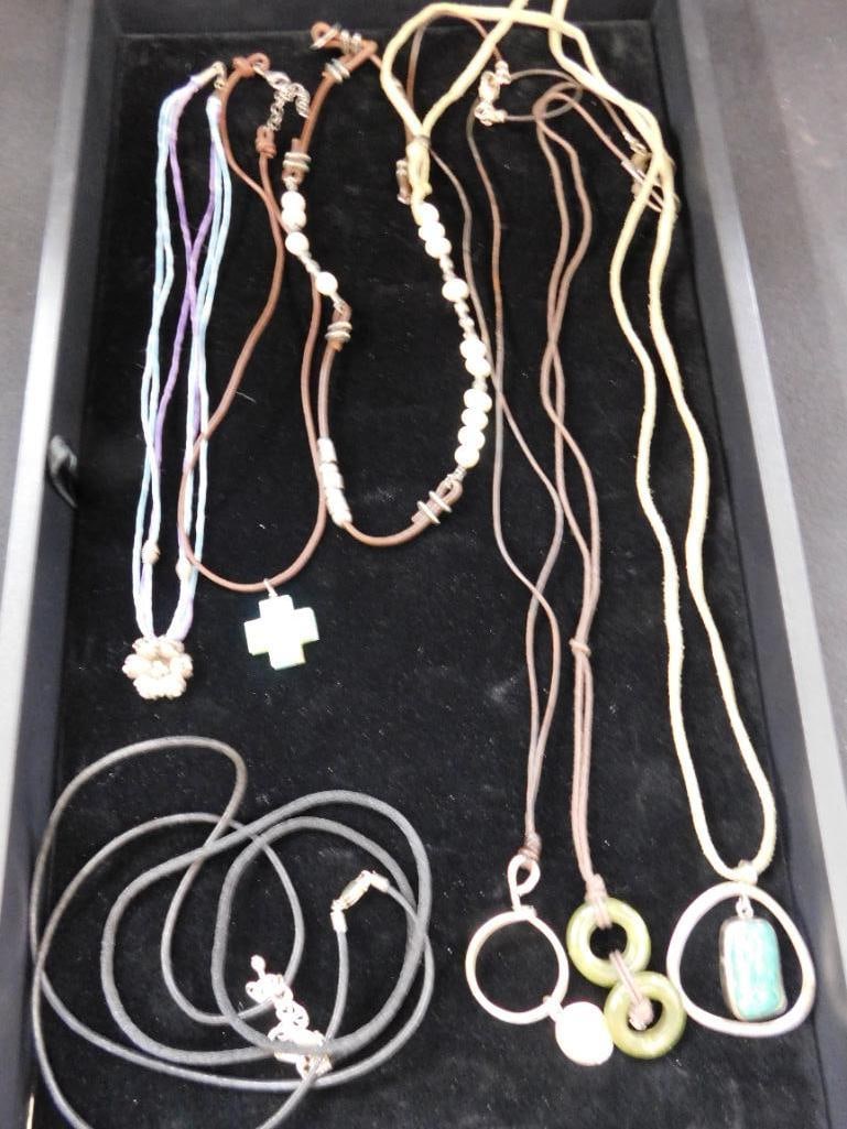 Sterling Silver - 8 Leather Chain Necklaces - 50.54 Grams TW: See Photos For Details and Condition