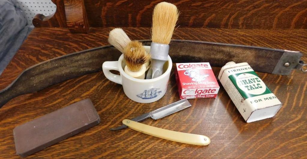 Lot of Vintage Shaving Items - Cup - Strap - Straight Razor - Talc Tin - Soap Box: See Photos For Details and Condition 