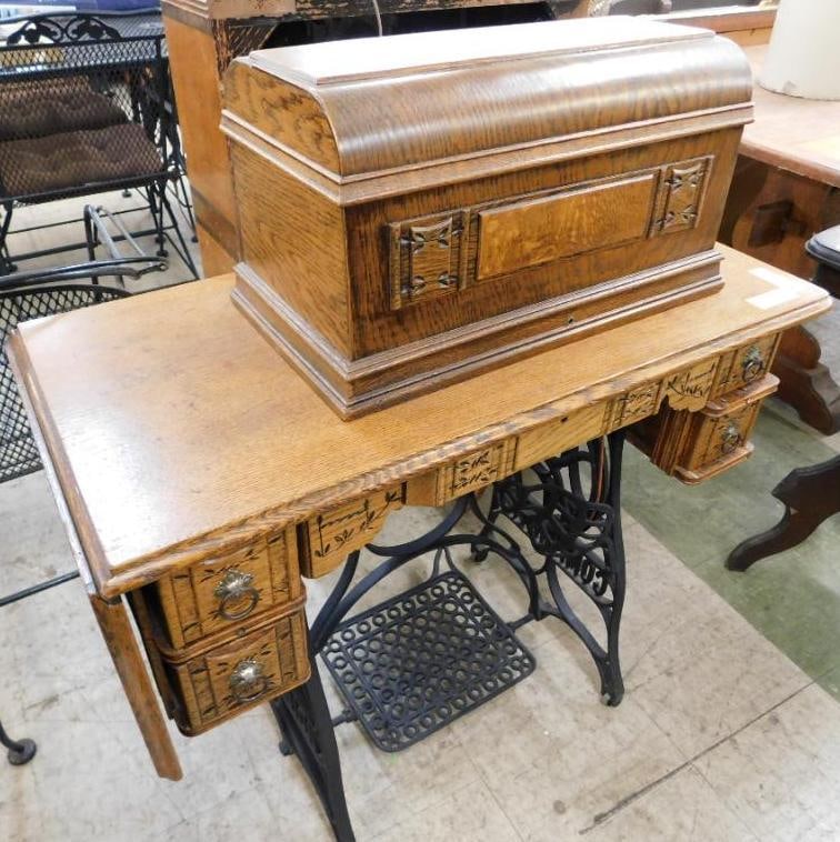 Sewing Machine Table with Cast Iron Base - 41" x 45" x 17": See Photos For Details and Condition 