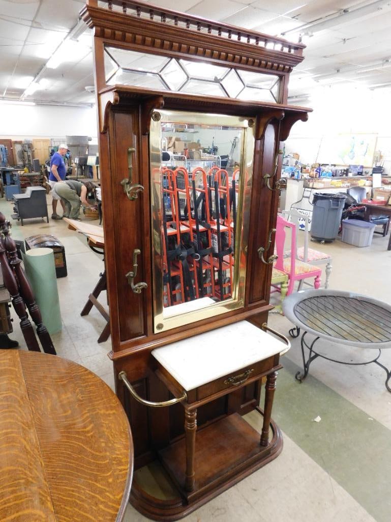 Marble Top Hall Tree with Umbrella Holders - Brass Highlights - Leaded Glass Top - 10