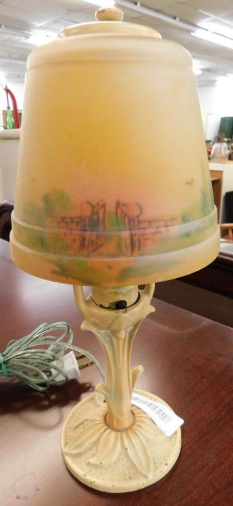 Vintage Nightstand Lamp - Reverse Painted Shade - Cast Metal Base - 12.5" x 5.5": See Photos For Details and Condition 