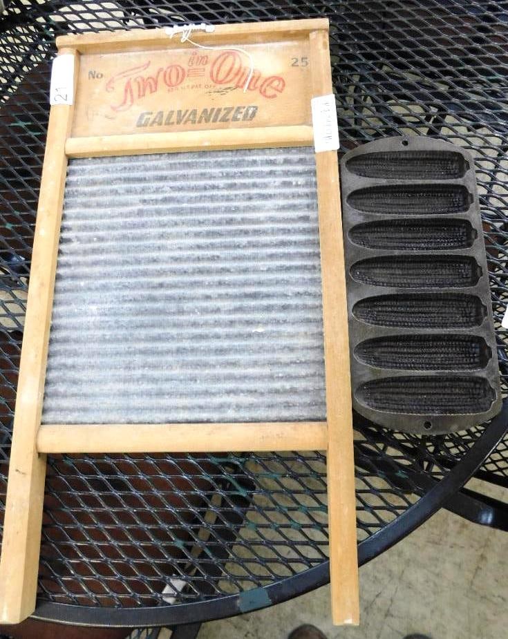 Carolina Washboard Co. Galvanized Steel Washboard - Cast Iron Cornbread Pan: See Photos For Details and Condition 