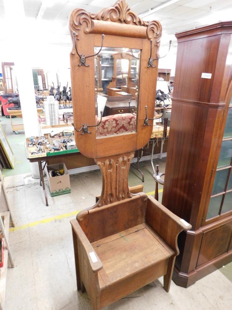 Vintage Oak Hall Tree with Storage Bench - 78.5" x 20" x 17" - 10