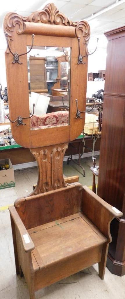 Vintage Oak Hall Tree with Storage Bench - 78.5" x 20" x 17": See Photos For Details and Condition