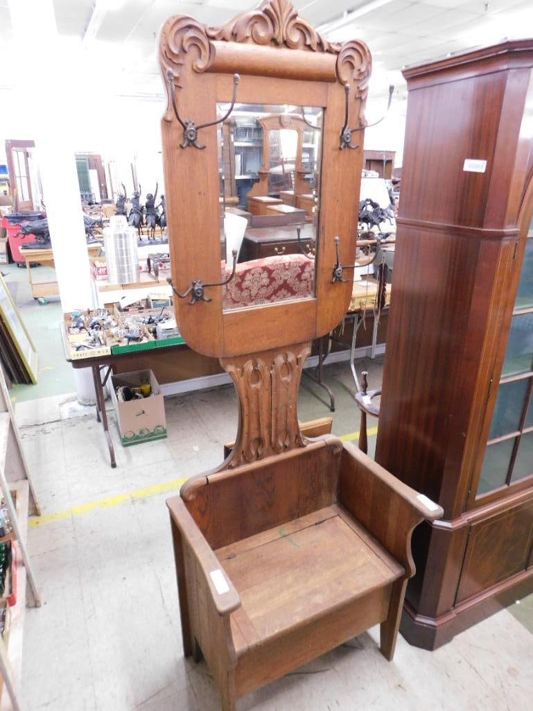 Vintage Oak Hall Tree with Storage Bench - 78.5" x 20" x 17" - 9