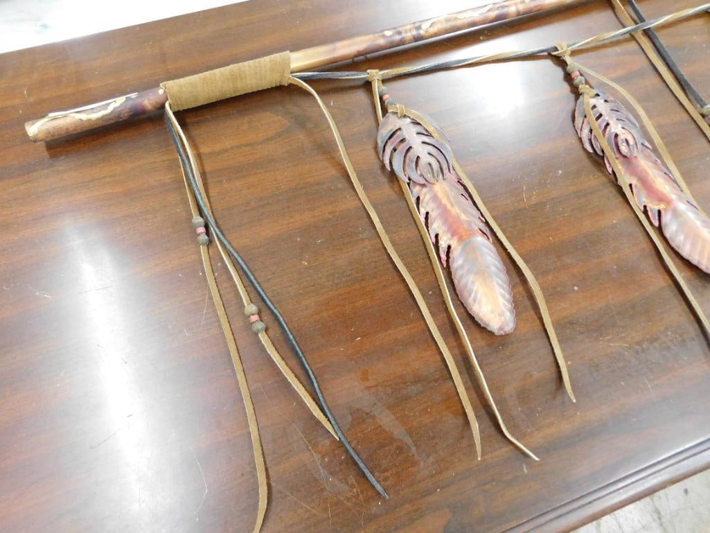 Modern Metal Indian Wall Art - Spear and Feathers - 13" x 49" - 2